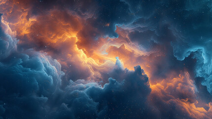 Nebulous clouds of indigo and tangerine collide in a cosmic ballet, creating an abstract celestial...