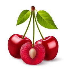 Isolated red cherries on one stem with green leaf. Three sweet cherry fruits on one stem, one cut in half with a pit - 737359033