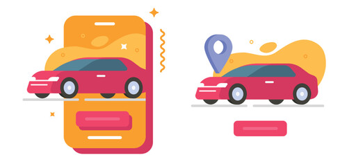 Car rental service mobile app vector graphic illustration flat cartoon, taxi vehicle ride reserve booking, auto transport sharing gps parking location modern image design on cell phone online digital