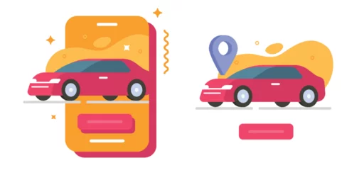  Car rental service mobile app vector graphic illustration flat cartoon, taxi vehicle ride reserve booking, auto transport sharing gps parking location modern image design on cell phone online digital © vladwel