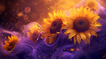 Radiant bursts of sunflower yellow and lavender mist, forming an abstract dreamscape of warmth and tranquility. 