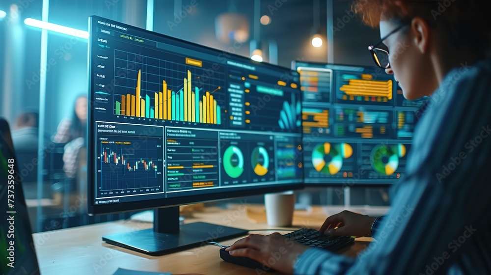 Poster focused analyst analyzing complex data visualizations on multiple monitors in a high-tech office env