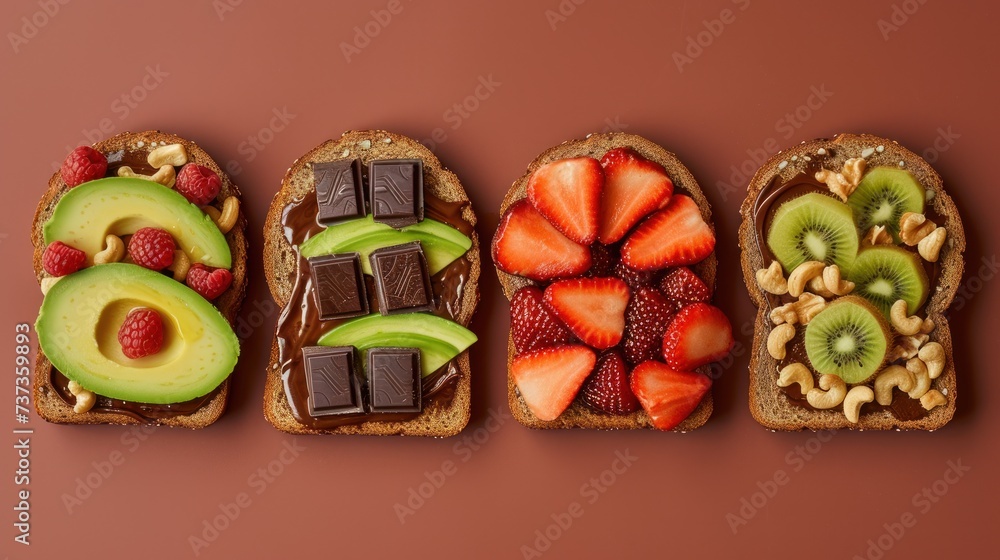 Poster three slices of bread with fruit, nuts, and avocado arranged in the shape of a rectangle.
