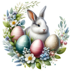 Realistic Easter Bunny with Decorative Easter Flowers And Eggs, Easter Decor PNG Clipart