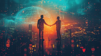 Silhouettes of two professionals engaging in a handshake in front of a digital globe superimposed over a vibrant, networked cityscape, symbolizing global business deals and digital connectivity. - obrazy, fototapety, plakaty