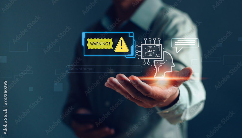 Poster ai tech concept, internet cyber security warning or technology scam alert, businessman shows warning