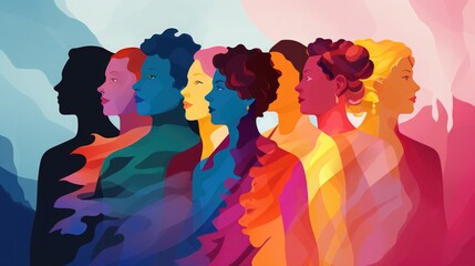 rainbow, multi-colored silhouettes. people of different ethnicities and cultures stand side by side together