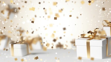 white gift and confetti flying and falling. festive, christmas texture, background. birthday card. place for text.