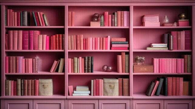 Texture. A Shelf Of Old Pink Books. Retro Background, Library Archive. Ai Generative