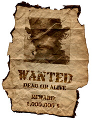old paper with burnt edges, wanted dead or alive, old poster