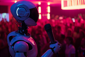 robot in the night club, dj, singer, blurred background. Artificial intelect in future life. AI Generated	