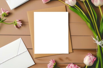 white blank greeting card mockup, Mother's Day greeting card mockup on table. Isolated on white background or transparent background