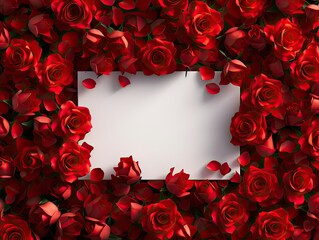 frame for valentine's day, center is white, blank copy space, surrounded by red roses, aerial view, ultra realistic, natural light. 