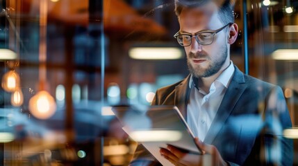 Fototapeta premium Professional man in a suit looking at a tablet screen intently with warm indoor lighting and reflections on a glass window