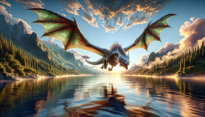 A majestic dragon soars over a serene lake at sunrise, with its reflection on the water and a picturesque mountain landscape in the background.Animal representation concept.AI generated.
