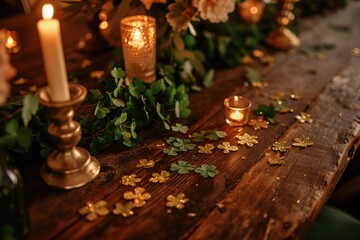 Naklejka na ściany i meble A rustic wooden table adorned with green and gold decorations, scattered with clover confetti.