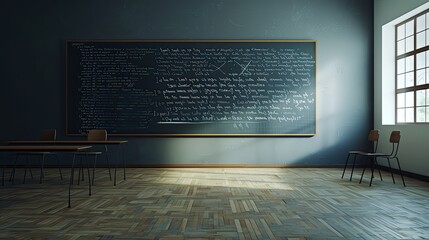 front view, a lot of mathematical equations on the blackboard, soft light