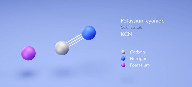 potassium cyanide molecule, molecular structures, colorless salt, 3d model, Structural Chemical Formula and Atoms with Color Coding