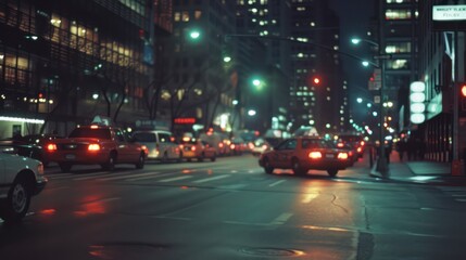 Fototapeta premium A cityscape at night featuring traffic, blurred lights, and the urban atmosphere of a downtown street
