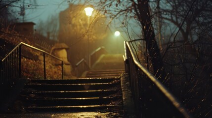 An atmospheric photograph capturing a misty stairway scene with glowing street lamps offering a...