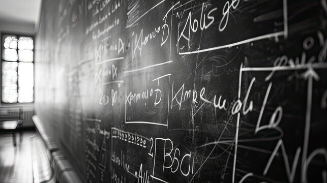 front view, a lot of mathematical equations on the blackboard, soft light
