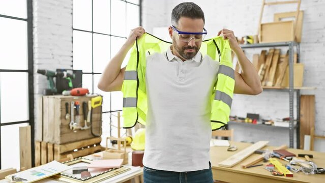 Bearded man in safety vest and goggles prepares for work in a bright carpentry workshop