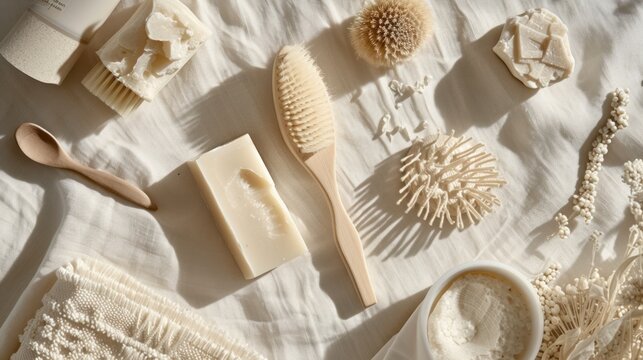 a table topped with lots of different types of hairbrushes and combs on top of a white sheet.