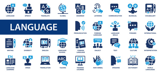 Language flat icons set. Speaking, translate, speak, communication, speech, dialect icons and more signs. Flat icon collection. - obrazy, fototapety, plakaty