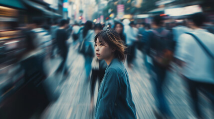 Young Woman Standing Still in a Crowded Street as Life Moves Quickly Around Her