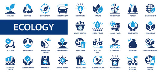 Ecology flat icons set. Recycle, eco, solar power, wind power, nature, electric car icons and more signs. Flat icon collection. - obrazy, fototapety, plakaty