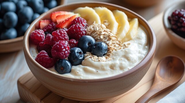 A Bowl Of Oatmeal With Berries, Raspberries, Almonds, And Blueberries In It.