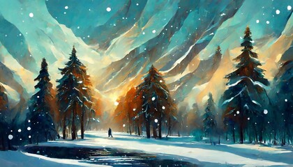 Oil painting of winter landscape with fir trees and frozen lake. Dramatic blue sky.