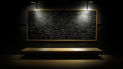 front view, a lot of mathematical equations on the blackboard, soft light - obrazy, fototapety, plakaty
