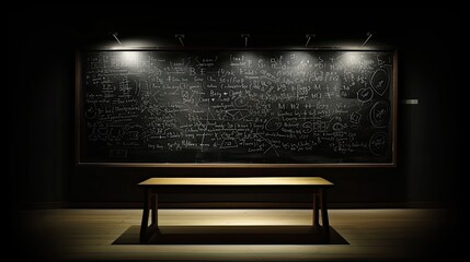 front view, a lot of mathematical equations on the blackboard, soft light