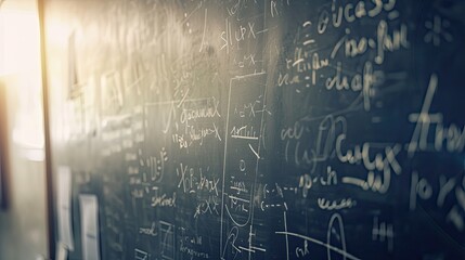 front view, a lot of mathematical equations on the blackboard, soft light