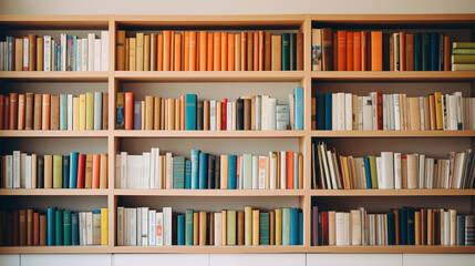 Shelves on the wall with lots of colorful books on them.