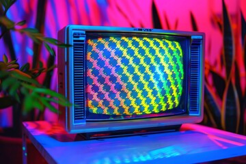 television on brightly colored in dots on optical zigzags, 1980s, Bright neon colors, hot pink, electric blue, polka dot pattern in retro pop art style. - obrazy, fototapety, plakaty