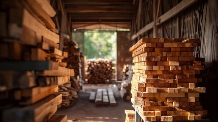 Obraz na płótnie Canvas Individual stacking freshly cut wood planks in a storage shed. Sawmill production of boards from wood, drying of boards