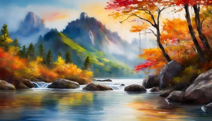Fototapete Painting of mountains, river, green and orange trees. Beautiful natural landscape. © hardvicore