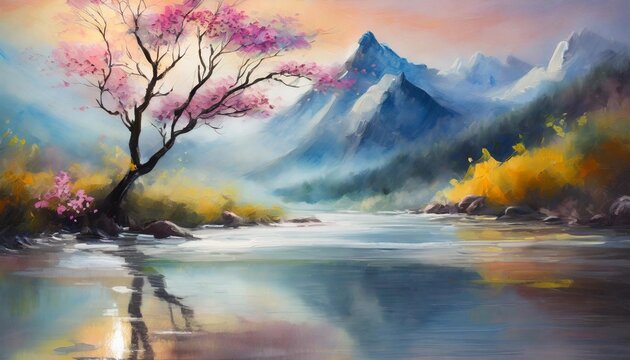 Painting of mountain peaks, river and blooming nature and tree with pink flowers. Natural landscape.