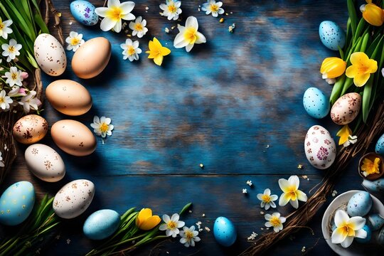 Art Easter background with Easter eggs and spring flowers. Top view with copy space
