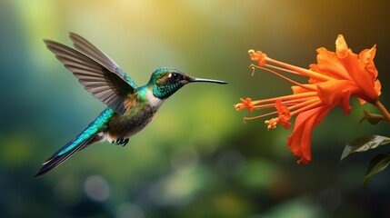 Hummingbird Long-tailed Sylph, Aglaiocercus kingi with orange flower, in flight. Hummingbird from Colombia in the bloom flower, wildlife from tropic jungle.