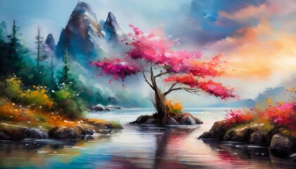 Painting of mountain peaks, river or lake, blooming nature and tree with pink flowers. Natural landscape.