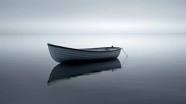a boat floating next to a foggy sky.