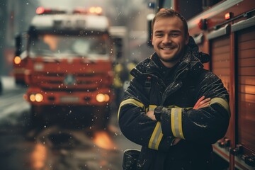 Portrait of a smiling firefighter on the background of a fire station - obrazy, fototapety, plakaty