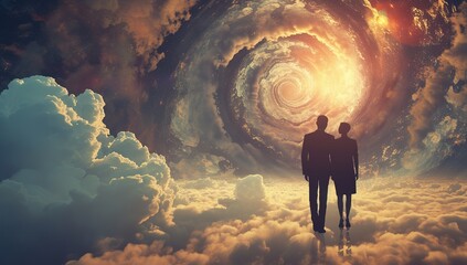 Couple standing in front of a galactic swirl in the clouds. The concept of love and infinity. - obrazy, fototapety, plakaty
