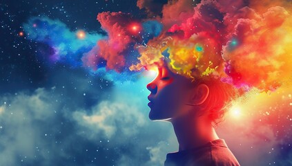 Female silhouette with cosmic clouds for a head. The concept of creativity and imagination.