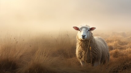 Fototapeta premium a sheep standing middle of a field of tall grass with a foggy sky back ground.