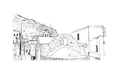 Building view with landmark of Kos city. Hand drawn sketch illustration in vector.