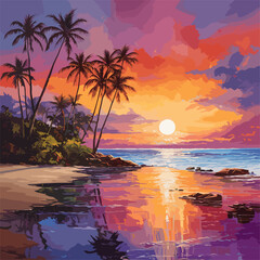 sunset on the beach - obrazy, fototapety, plakaty